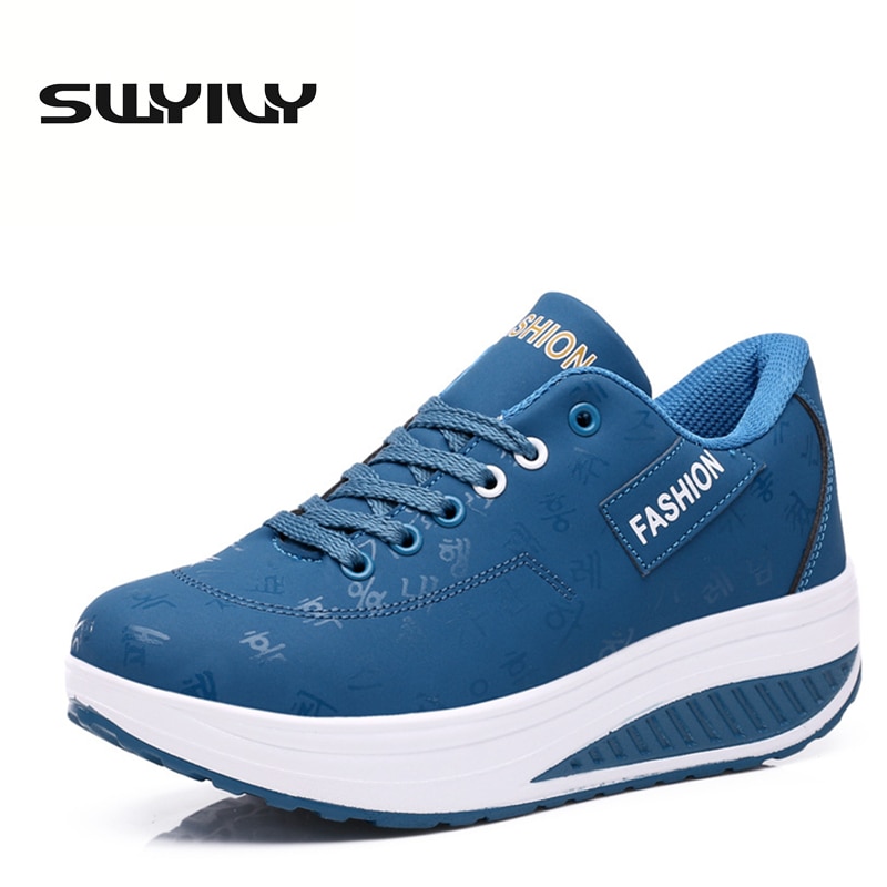 PU Lacing Women Toning Shoes 5.5CM Thick Soles Height Increased Breathable Wedges Swing Sneakers Autumn Slmming Shoes