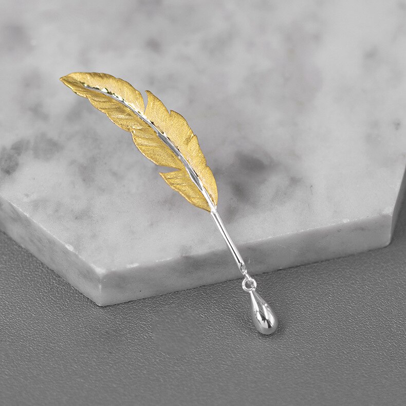 Originele 925 Sterling Zilveren Veer Pen Broche Fijne Sieraden Voor Vrouwen Kerst Jaar: gold feather