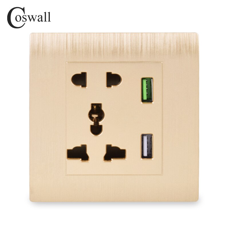 Coswall Universal 5 Pin Wall Socket With 3A Fast USB Charger Port + 2.1A Maxi. USB Charging Port White Gold Color