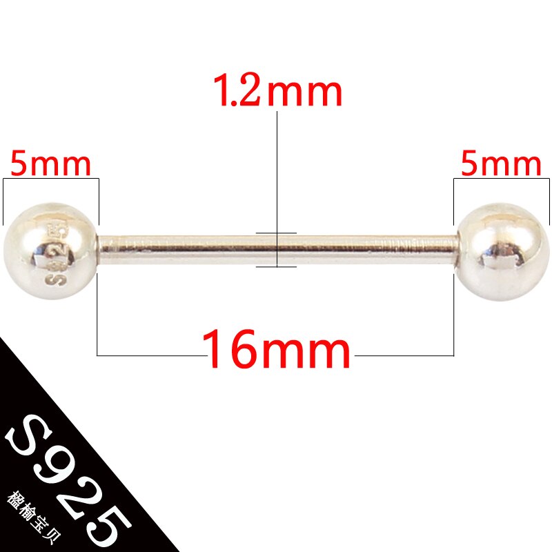 925 sterling silver body jewelry barbell pure S925 16G nipple ring tongue ring eyebrow nail tongue body piercing ONE PIECE: PIN length 16mm