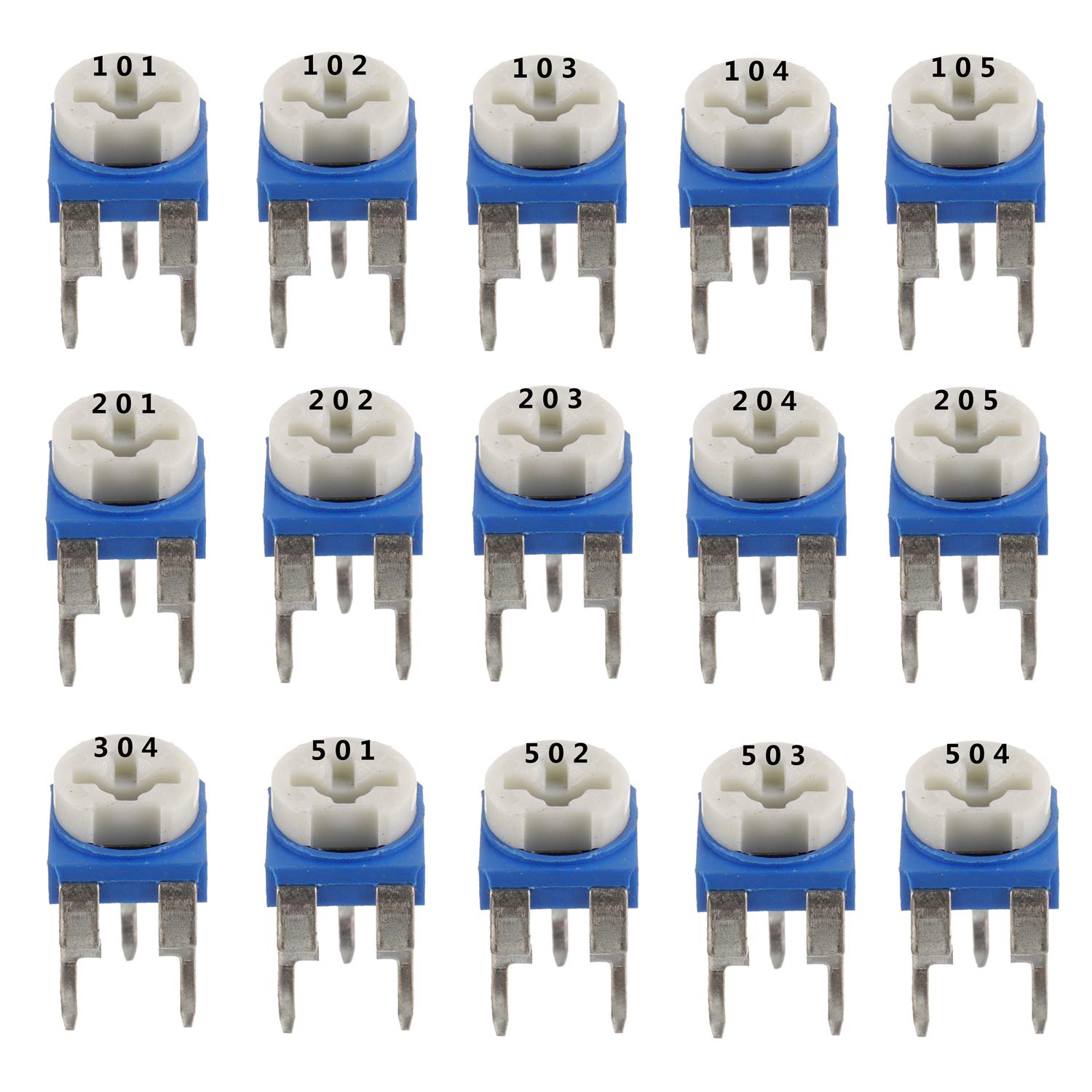 15 Values 150 pcs 100 Ohm- 2M Ohm Variable Resistor 6mm Potentiometer Assortment Kit packag in a Clear Plastic Box