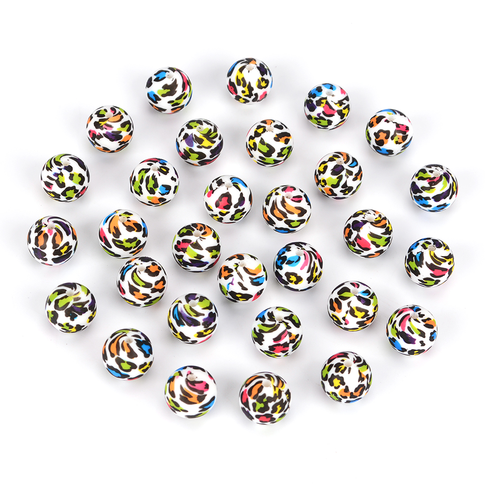 Perles de dentition en silicone, de 12/15/19mm pour bébé, ensemble de 10 pièces pour bricolage, boules imprimées à motifs dalmatien, couleurs bariolées et léopard sans BPA, pince de tétine gratuite à fabriquer
