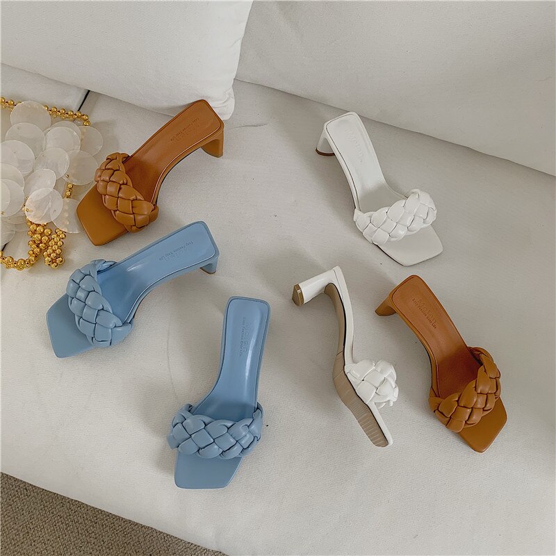 Kvinnor skor tofflor klackar fyrkantig tå låg slides godis färger hög mjuk block pu tyg grundläggande rom blommig gummi pumps