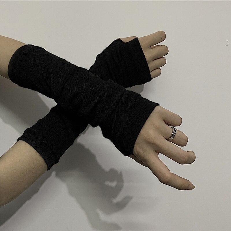 Solid Black Punk Gothic Unisex Fingerless Gloves Cuff Women Men manga Length Mittens Cool Stretch Arm Warmer Hip Hop Rock sleeve: Default Title