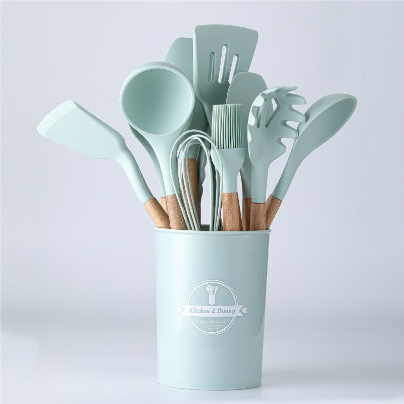 11Pcs Siliconen Koken Tools Keukengerei Houten Handvat Kookgerei Set Accessoires Non-stick Spatel Eiklopper: Light green