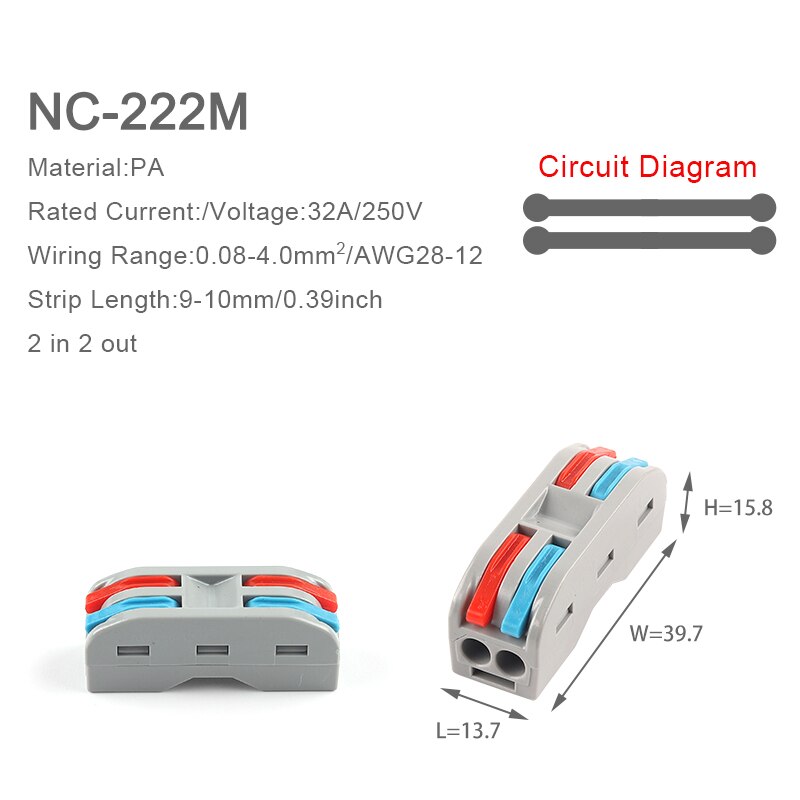 5Pcs Universal Compact Wire Connector SPL 222 2/3/4/5Pin Conductor Wiring Terminal Block Plug-in Quick Connectors with Lever: 5PCS NC-222M