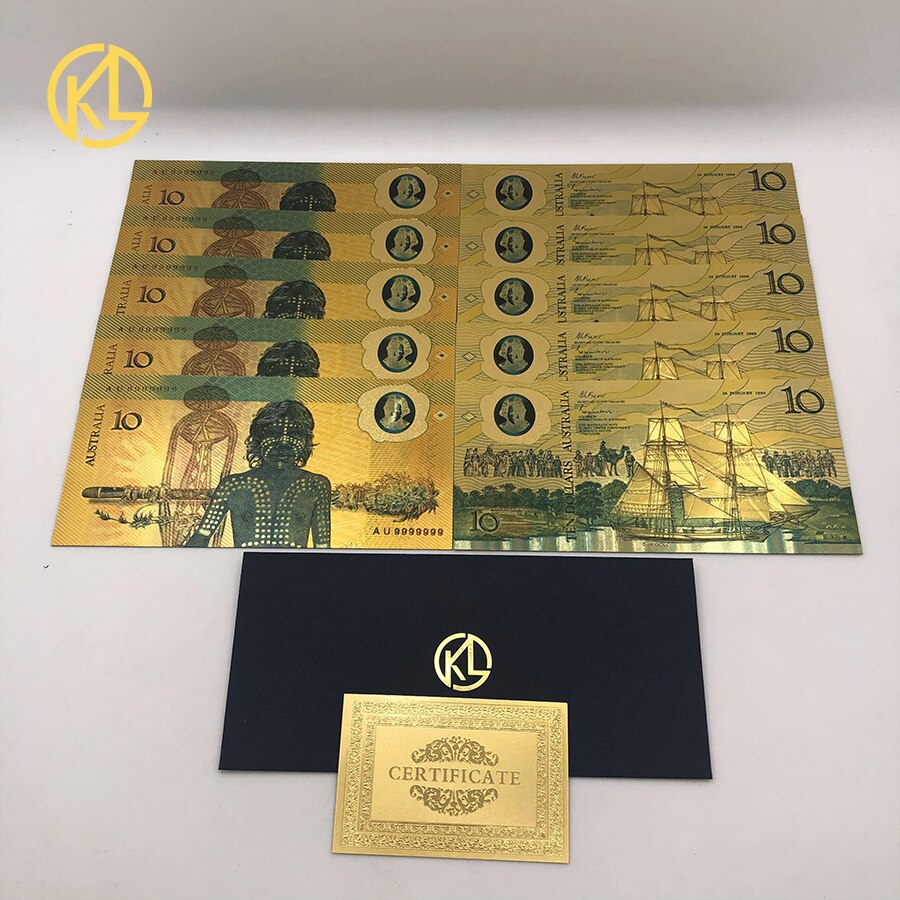 5 pc/lote austrália notas da folha de ouro colorido aud 100 50 20 10 5 dólares cartões de plástico de cédula da folha de ouro bilhetes: 10 AUD