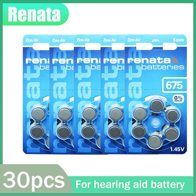 12-120ps 100% Original Renata 675 A675 675A PR44 1.45V 660mAh Zinc Air Battery For Hearing Aid Audiphones A675 Button Coin Cells: 30pcs