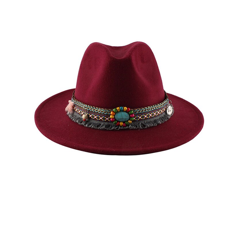 Overdådigt panama hat hip hop filt hat cap til hovedomkreds 55-58cm d88: Rødvin