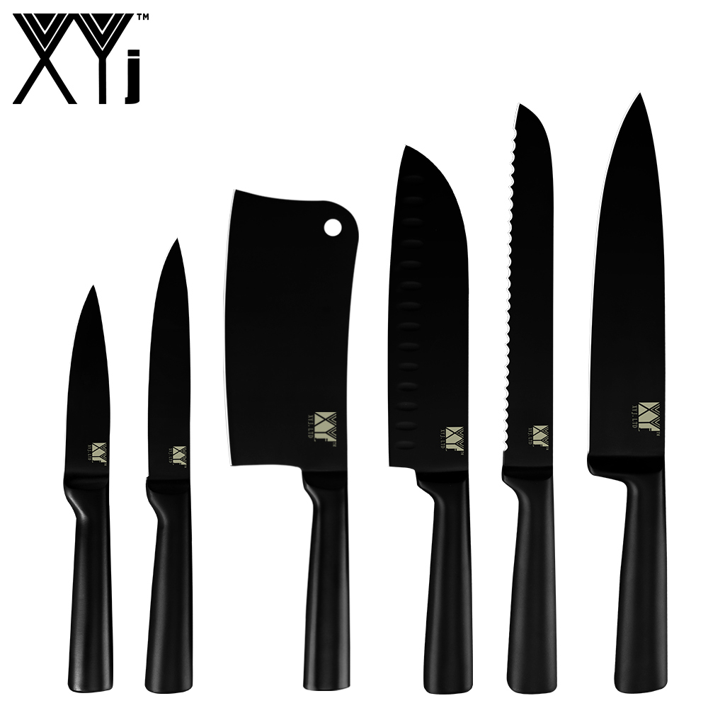 XYj 8pcs Stainless Steel Kitchen Knives Set Nonstick Black Blade Chef Slicing Santoku Bread