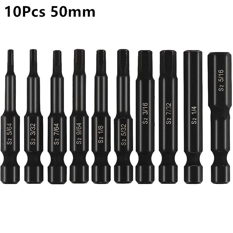 10Pcs Imperial Inner Hex S2 Alloy Steel Electric Screwdriver Bit 50mm Strong Magnetic Socket Screwdriver Set