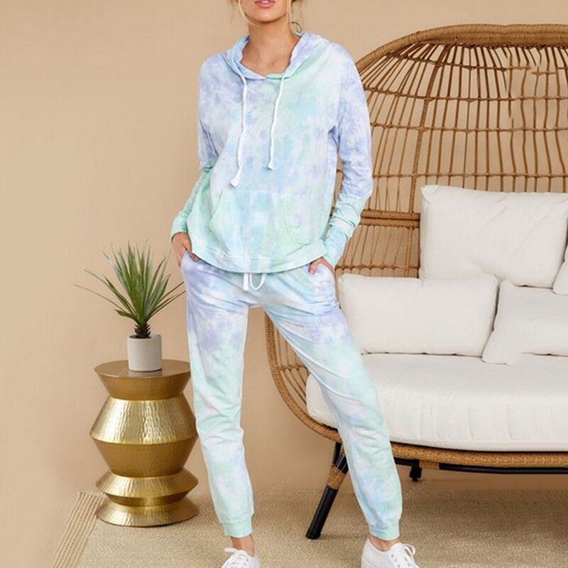 multicolore cravate colorant survêtements femmes 2 pièces ensemble automne longue sweat à capuche et manches longues sweats hauts pantalons de jogging longs: light blue / XXL