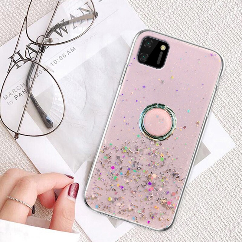 Auroras For Realme C11 Case Glitter Bling Sequins Starry Sky With Ring Shockproof For Realme C11 Cover: Pink With Ring