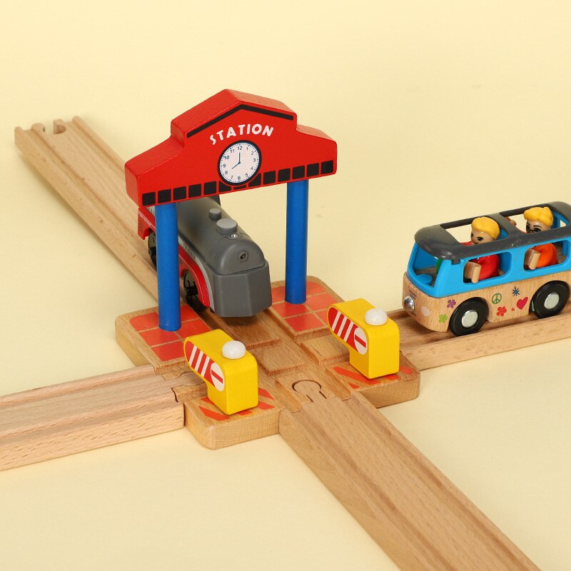 Wooden Train Tracks Scene Accessories Wooden Double Platform Gas Station Airplane Airport Educational DIY Toys For Children