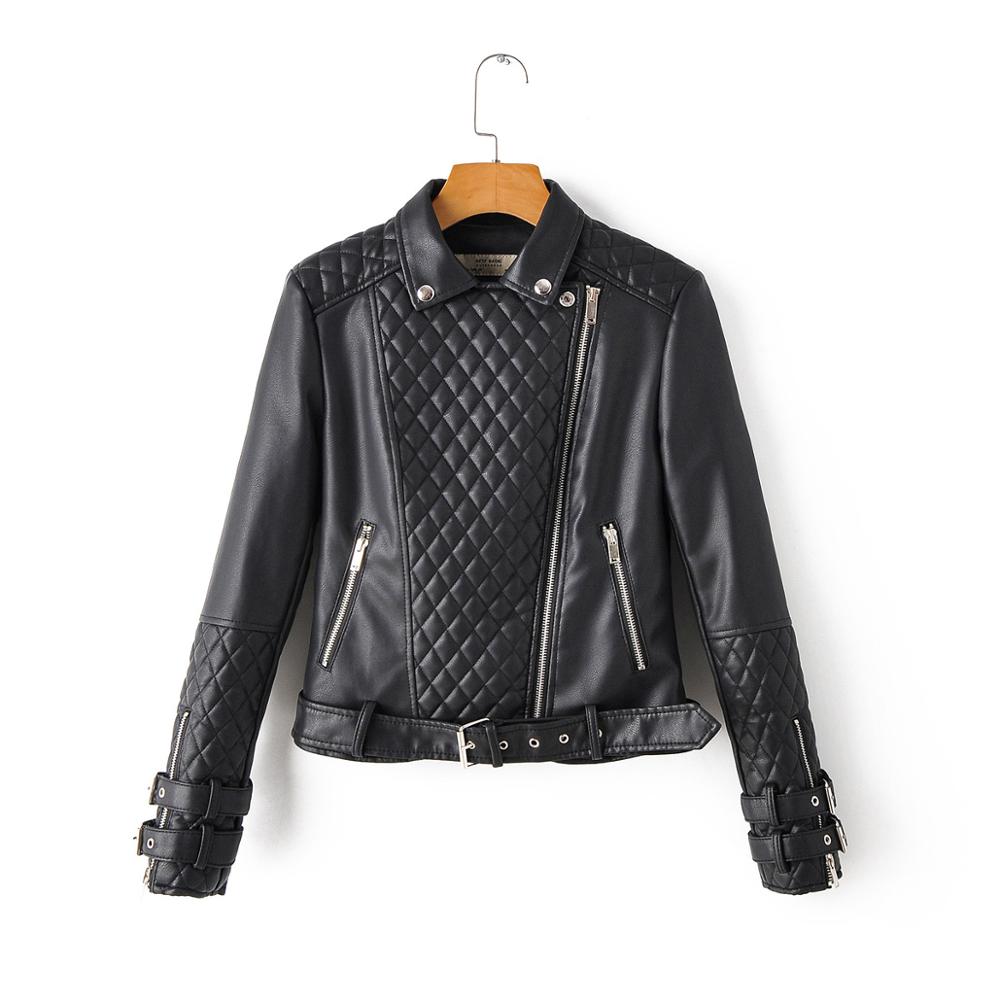 Women Spring Autumn Soft Faux Leather Jackets Lady Motorcyle Zippers Biker Pink Coats Black Outerwear: AM2030 Black / L