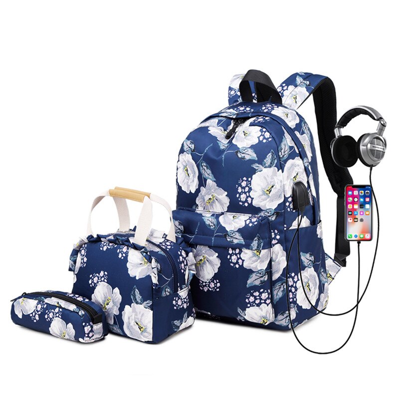 Fengdong 3pcs/set floral school backpack for girls cute flower handbag set student pencil bag children school bags kids backpack: blue