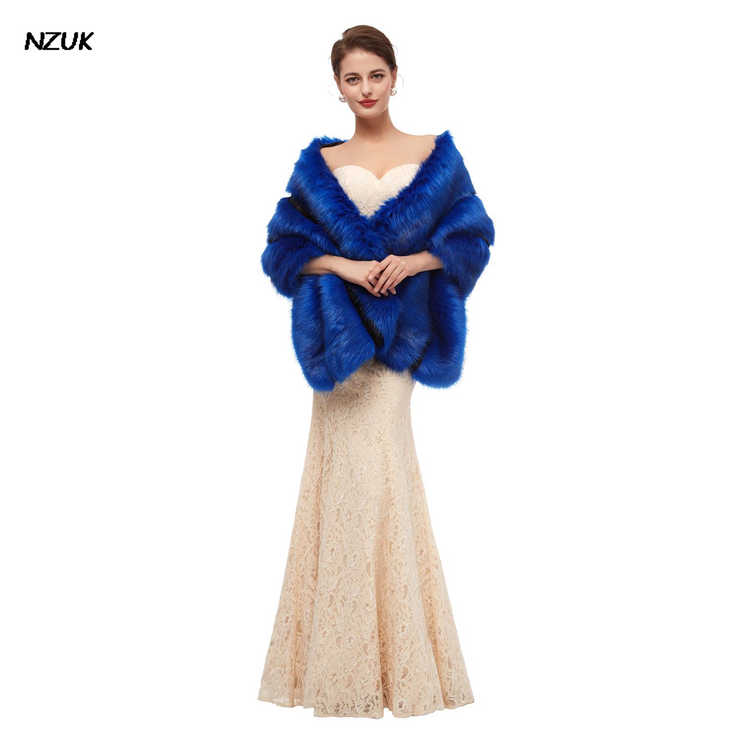 NZUK eleganckie królewskie niebieskie kobiety Capelet Faux futro szal robić opatulania się zimowe płaszcze ślubne odzież wierzchnia ślubny płaszcz bolero меховые накидки