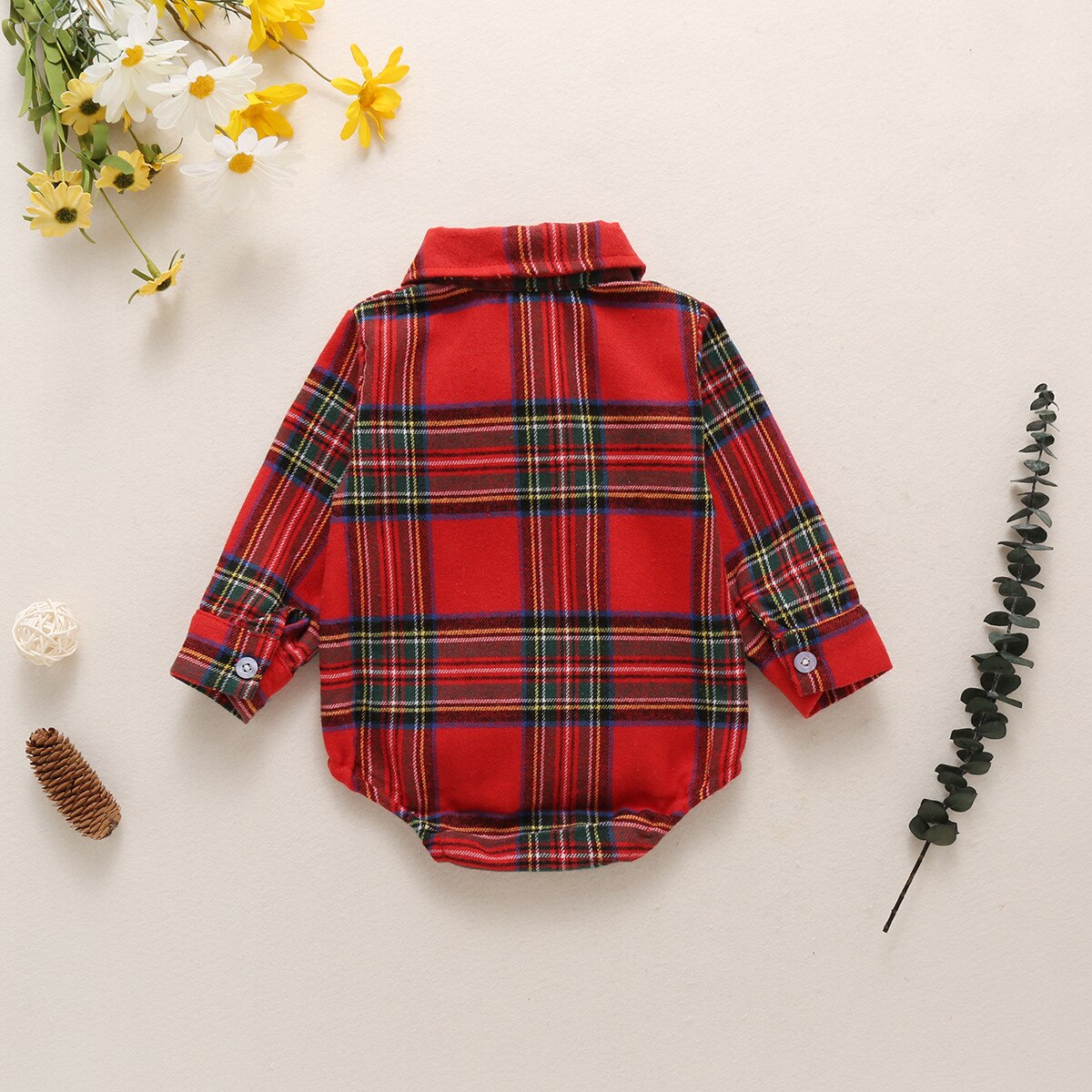 Christmas Baby Boys Gentleman Bodysuits 2Pcs Set Toddler Lapel Plaid Button Long Sleeve Romper + Blue Bow Tie for Children