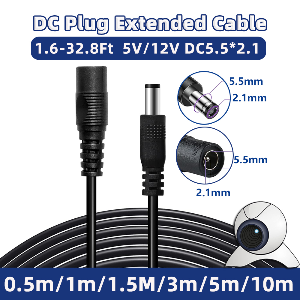DC 12V Monitor Connector 0.5m 1m 2m 2m 3m 5m 5m 10m 5.5mm*2.1mm Extended Wire Power Supply Cable for CCTV Security Camera Router