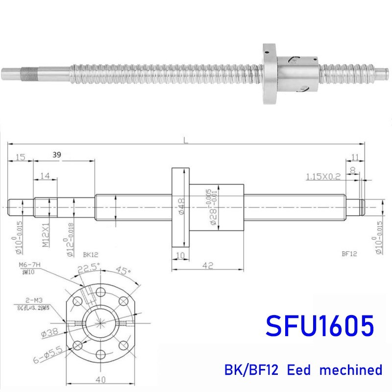 CNC Ball Screw C5 1605 Flange Single BallNut BK/BF12 RM1605 End Machined CNC SFU1605 200 250 300 350 400 450 500 550 1200 mm