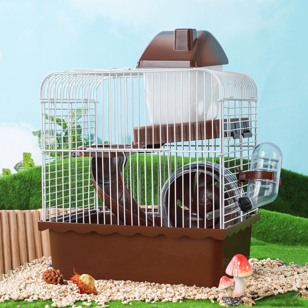 Ventilation Hamster Double-storey Villa Removable with Handle Pet Castle Cage Feeding Bottle with Running Wheel: Dark Khaki
