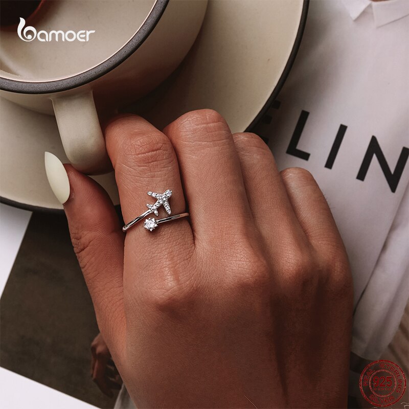 Bamoer Echt 925 Sterling Zilveren Creatieve Vliegtuig Reizen Ring Mode Open Verstelbare Ring Voor Vrouwen Alle-Match Sieraden