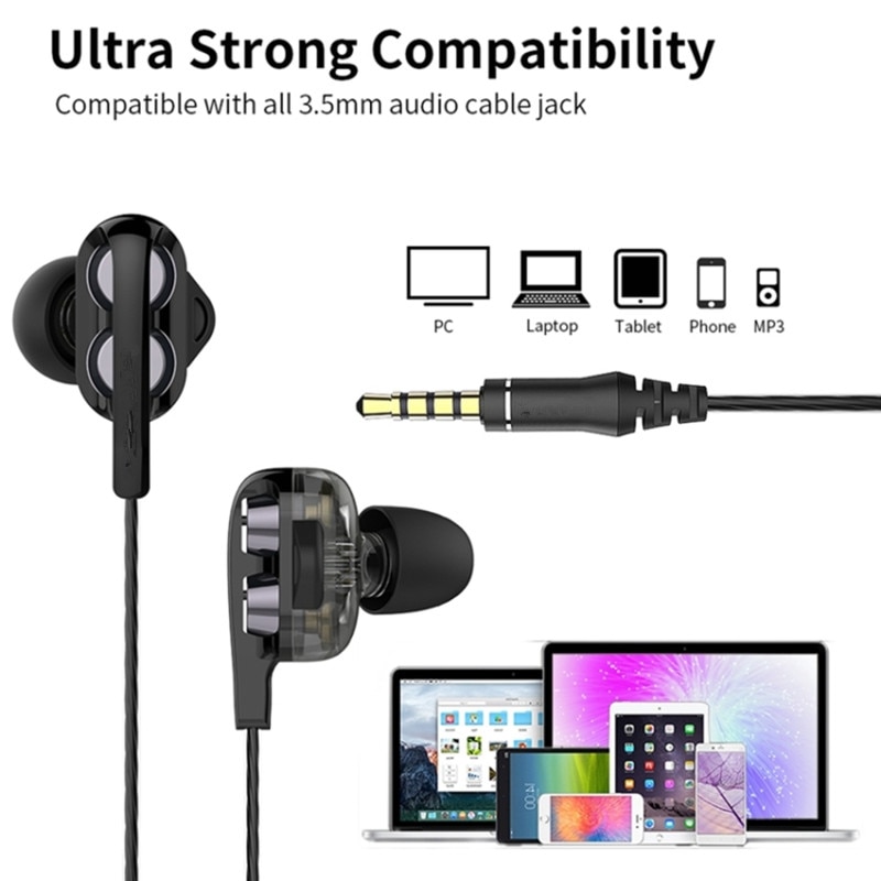 Double lecteur stéréo filaire écouteurs dans l'oreille Sport casque HIFI avec micro mini écouteurs écouteurs pour iPhone Samsung Huawei Xiaomi
