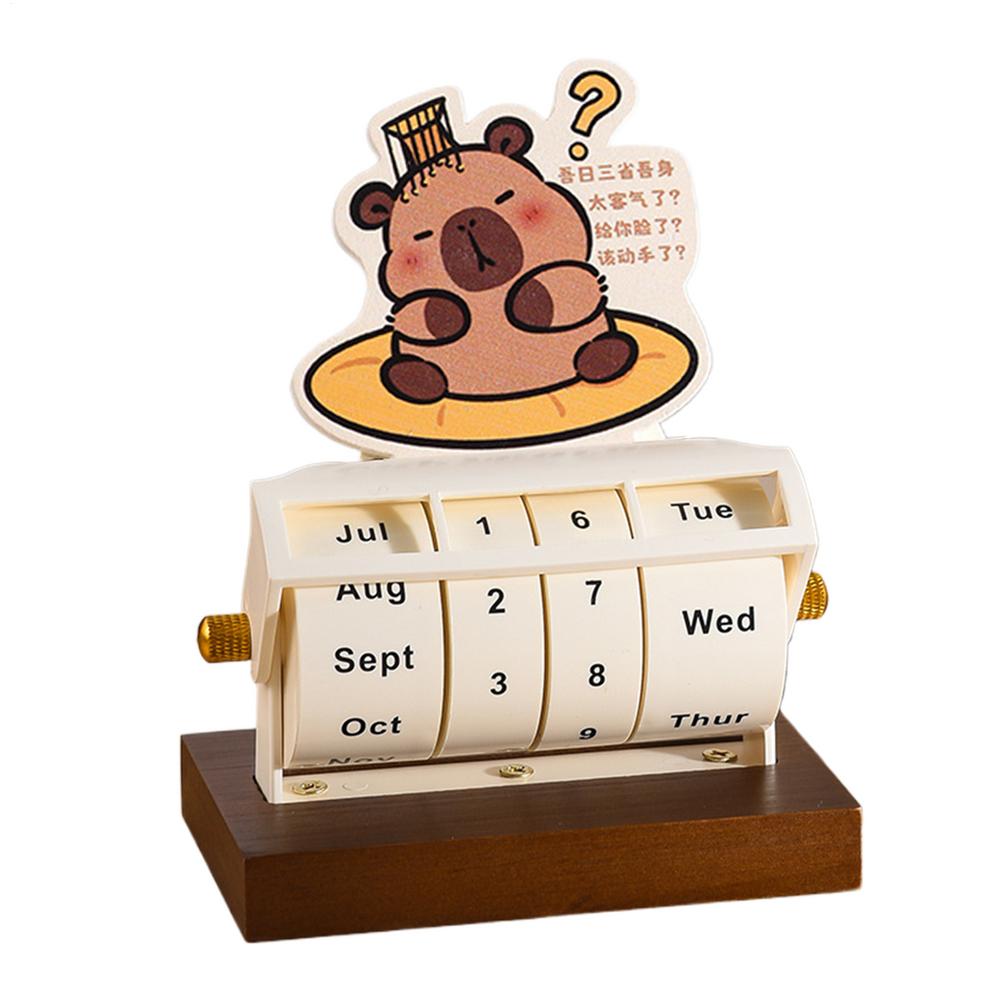 Rotary Perpetual Calendar Wood Decor Tabletop Capybara Calendar Wheeling Calendar Month Week Day Date Display For Home Office: WHITE