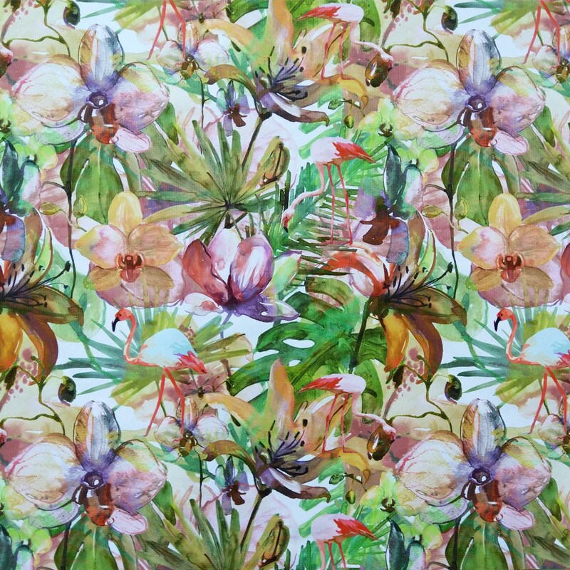 Tropisk plante flamingo digitaltrykk blomst blad fløyel sofa lenestol ottaman sofa interiør stoff dekorativ klut 140cm bred: Default Title