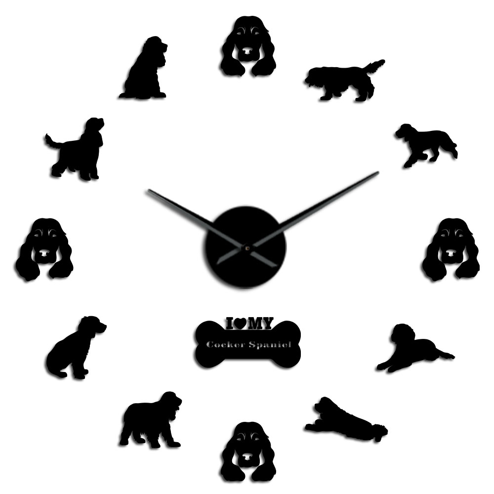 Cocker Spaniels Mirror Effect Stickers DIY Giant Silent Wall Clock Dog Pet Owners Home Decor Cockers Mute Wall Art Hanging Watch: Black / 27 Inch