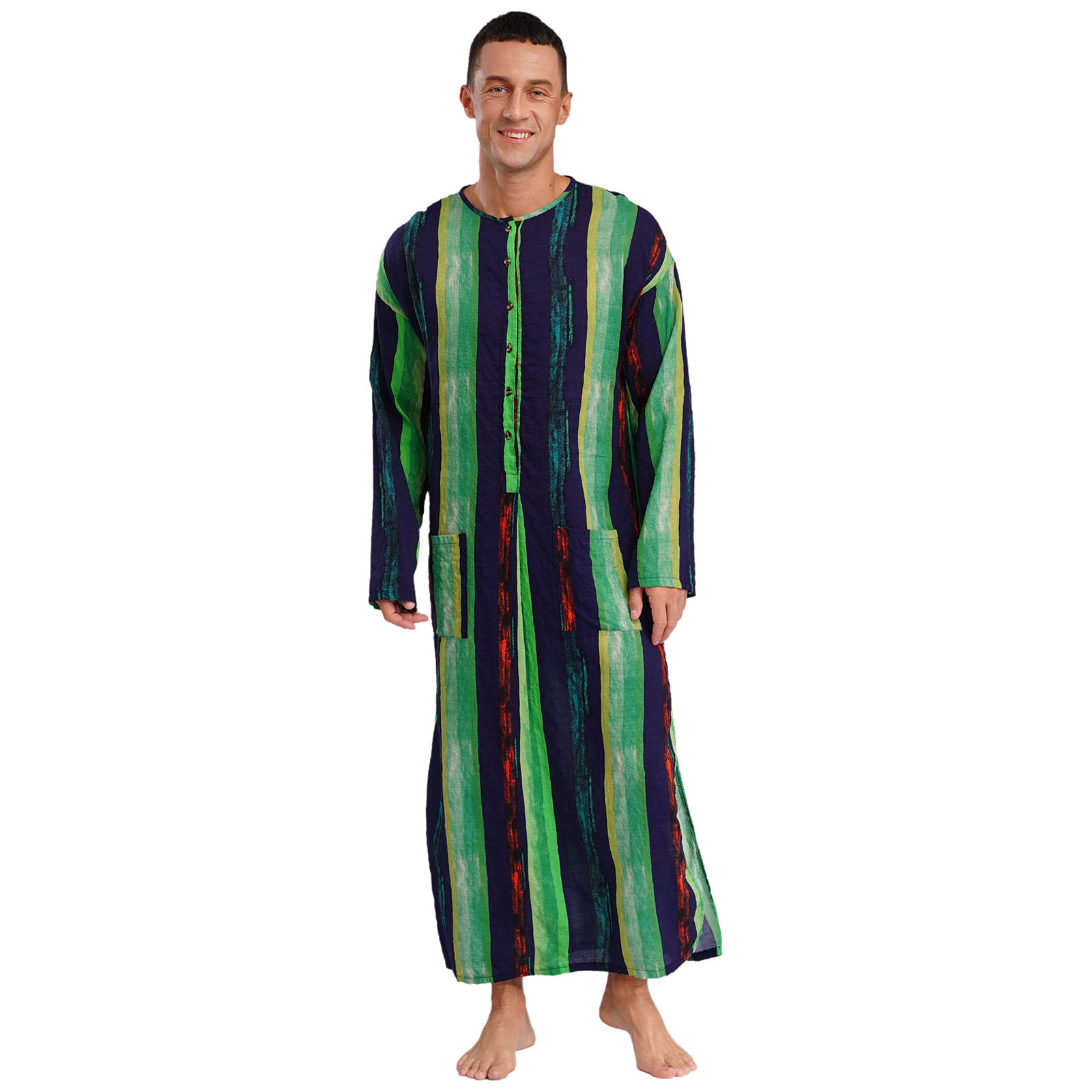 Mannen losse jurk Midden-Oosten Islam Moslim Thobe Ronde Hals Lange Mouw Streep Lange Jurk Knoppen Arabische Jubba Thobe Shirt Jurken