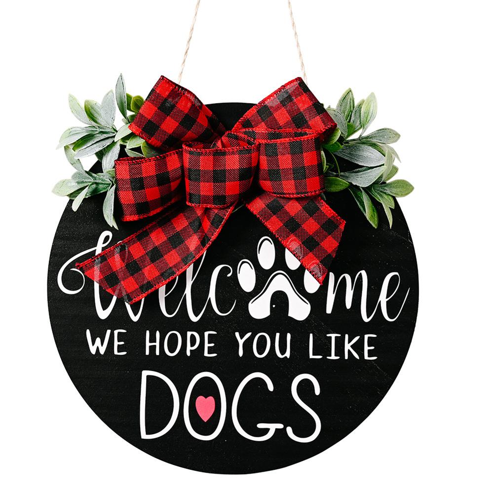 Wooden Doorplate Welcome Sign Home Decoration Leaf Wreath Door Pendant Trim:  Red and black grid