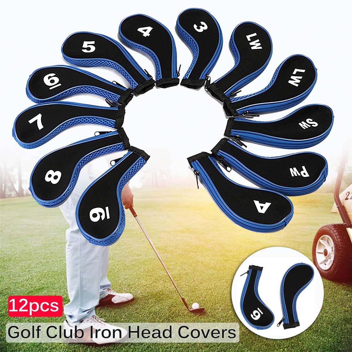 12 stk / sæt golfkøller jernhoveddæksler hovedbeklædning med lynlås lang hals 4 farver: Blå