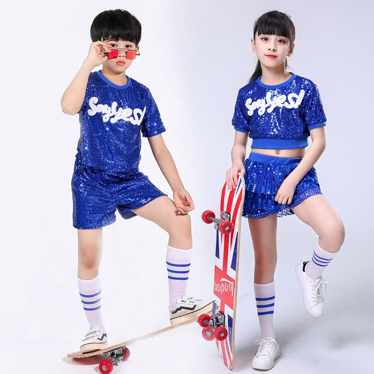 Jazz Costume Girls Blue Hip Hop Set Street Dance Performance Clothing Stage Wear Clothes Dance Costumes for Kids