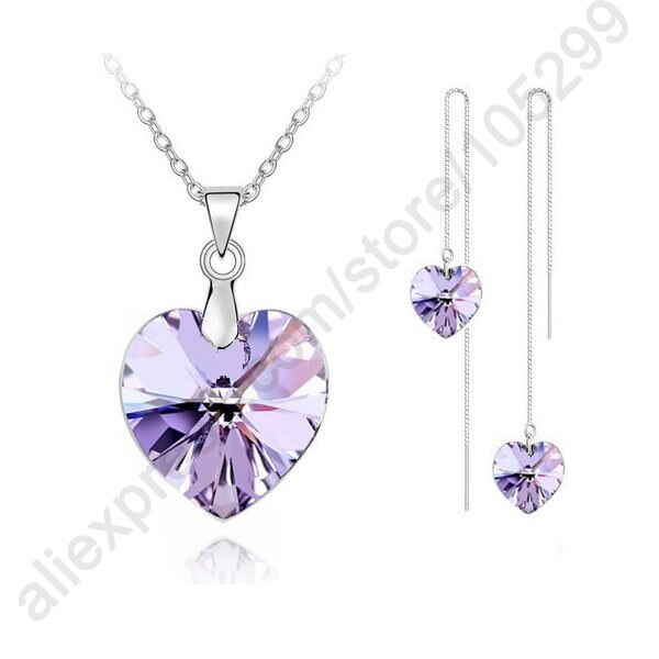 Romantische Crystal Mooie Hart Real 925 Sterling Zilveren Hanger Ketting Oorbel Set Met Box Chain Draad: Default Title