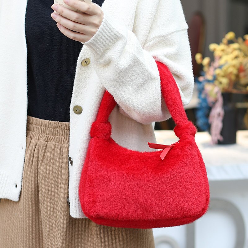 Koreansk stil plys ensfarvet mini afslappet taske kvinders plys håndtaske møntpung til pige: Stil a