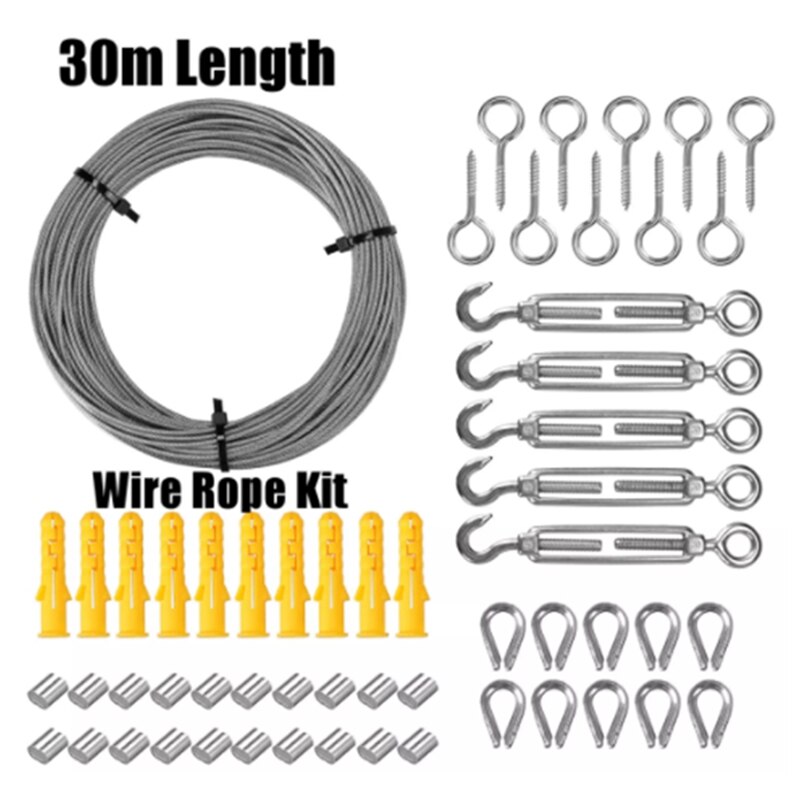 30M Wire Rope Cable Stainless Steel Turnbuckle Cord Kit for Sun Shade Tent Installation Lights String Suspension Kit