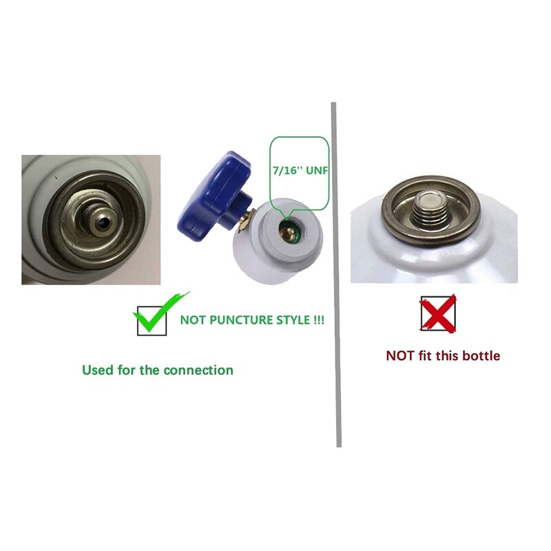 Aire acondicionado de R134A AC refrigerante 7 / 16-28 Fundación roscado abrelatas de botella con 1/4 pulgadas SAE x 1/2 pulgadas