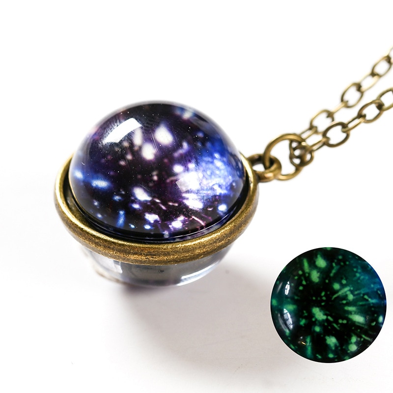 Handmade Universe Star Ball Pendant Necklace Double Sided Glass Ball Glowing Pendant Gold Chain Luminous Planet Jewelry Unisex