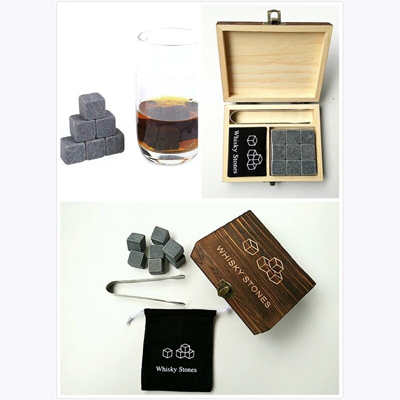 9Pcs Whisky Ice Stones with Wooden Box& Velvet Bag Wine Drinks Cooler Cubes Whisky Stone Granite Pouch Reusable Cubes Granite