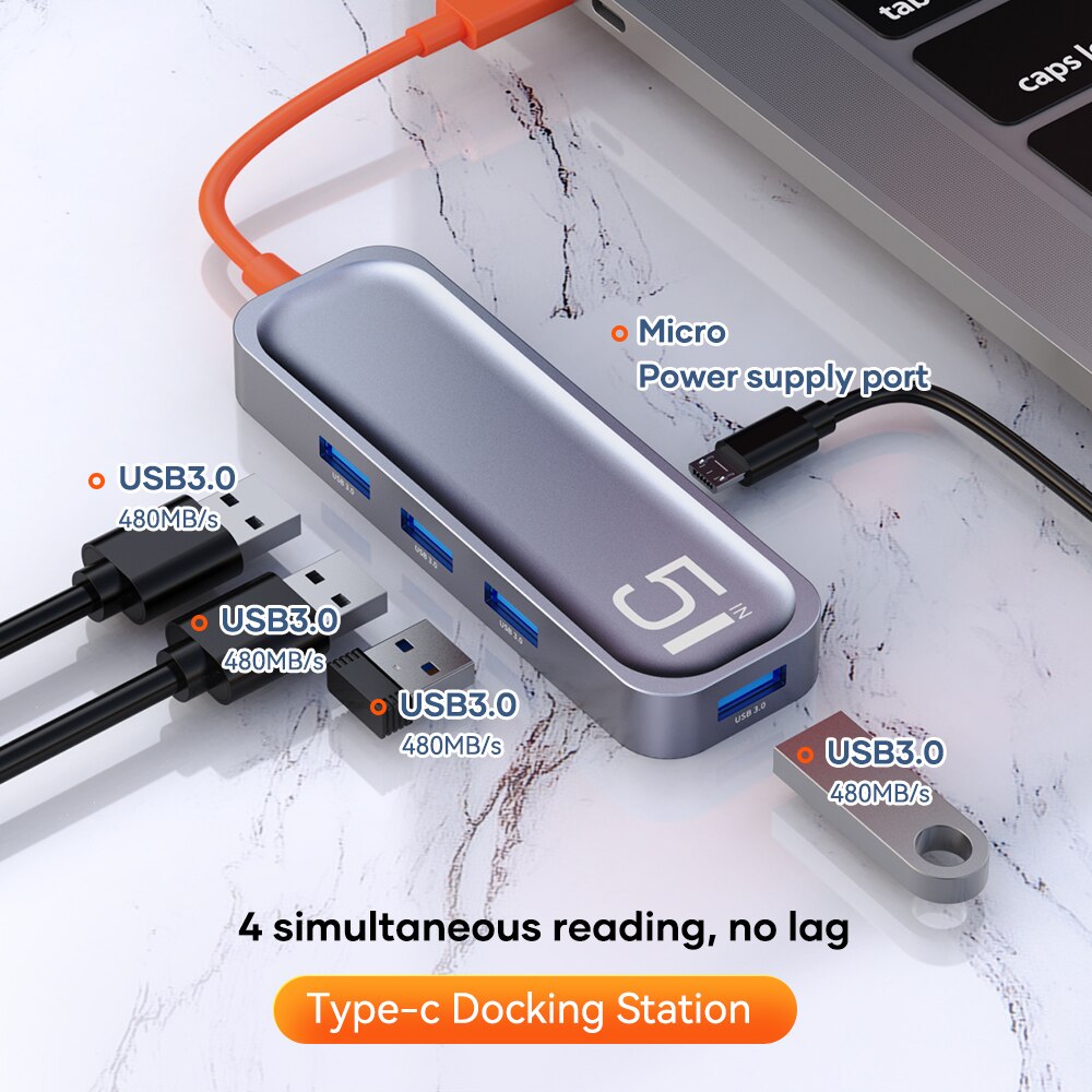 ROCK USB C HUB 4K 60Hz Type C to HDMI-compatible USB 3.0 Adapter 5 in 1 Type C HUB Dock for Macbook Air Pro iPad USB C Splitter: With Micro Port