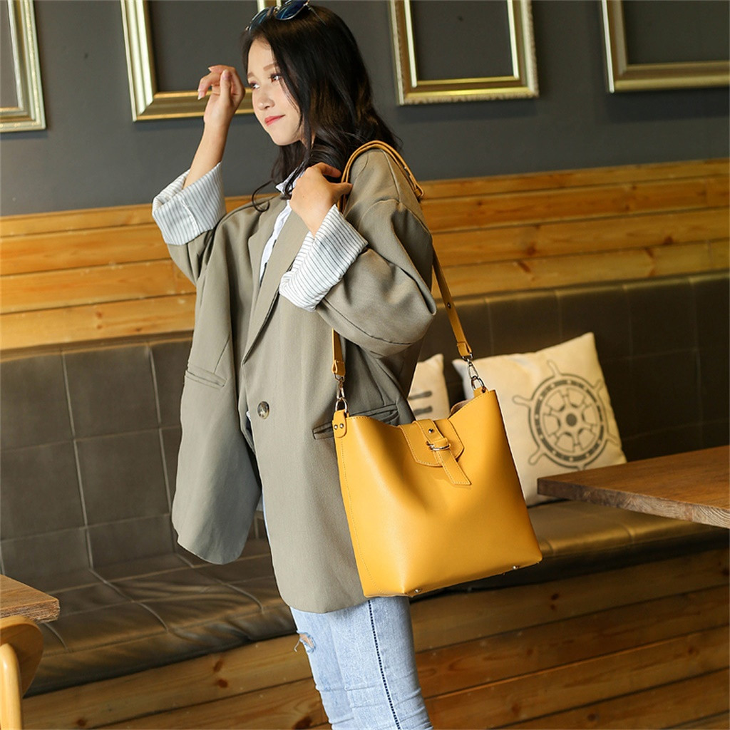 2Pcs Solid Color PU Leather Handbags Shoulder Bag For Women Ladies Yellow Large Capacity Waterproof Portable Messenger Totes #V