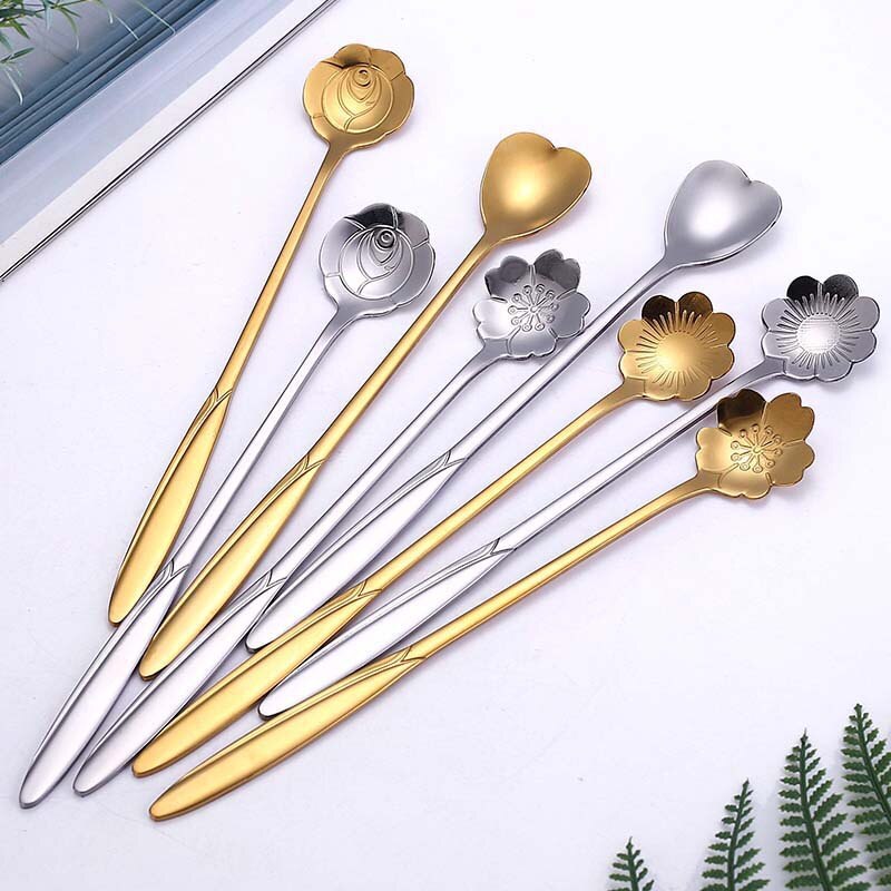 Acier inoxydable cerisier fleur cuillère créativité pétale longue poignée vaisselle mélange café crème glacée cuillères à café Gadgets de cuisine