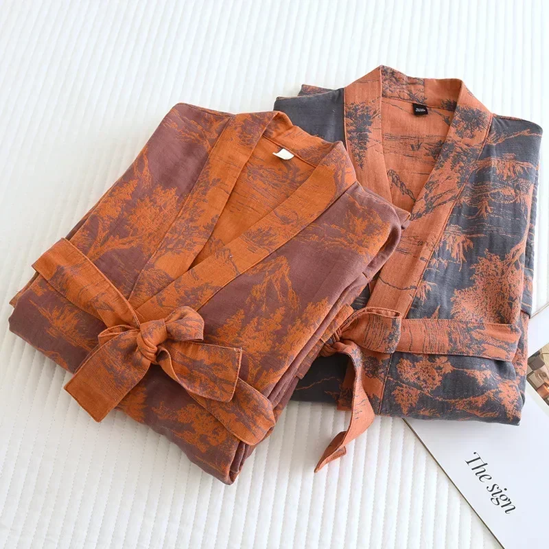 Damen-Bademantel aus bedruckter Baumwolle, Schließfach sitzender Bademantel, japanischer Stil, zum Binden, Kimono-Bademantel, schweißdampfende Baumwollpyjamas, Roben für Damen