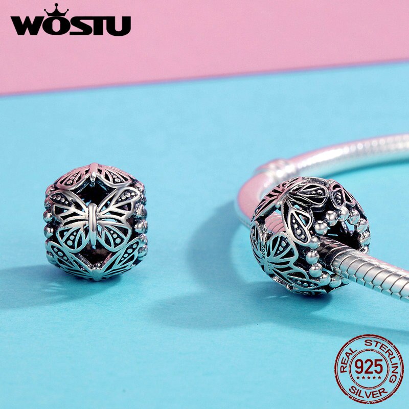 Wostu autêntico 100% 925 prata esterlina empilhável borboleta redonda charme contas caber diy charme estilo pulseira jóias presente cqc491