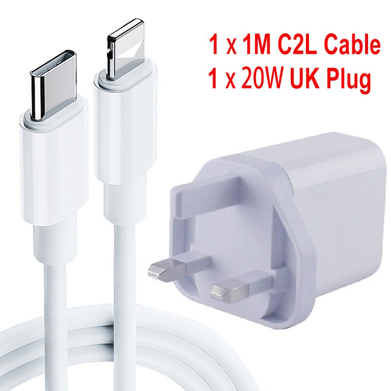 20W PD For Iphone 12 USB-C C2L Cable Power Adapter Charger UK/US/EU Plug Smart Phone Fast Charger for iPhone 12/X/8: UK C2L