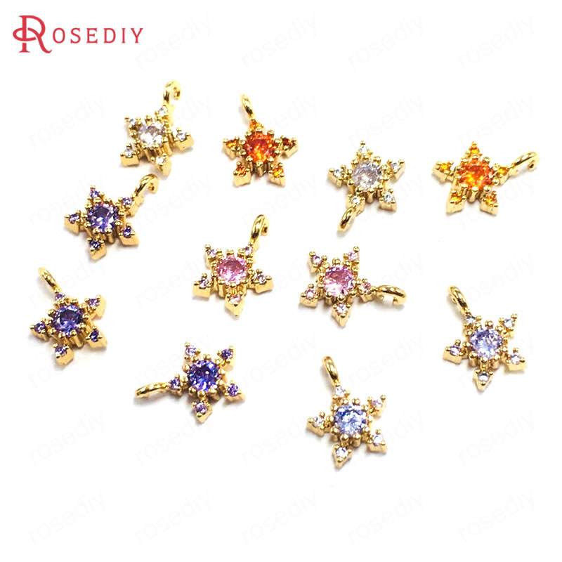 (38768)10Stck 7,5 MM 24K Champagner Gold Farbe Durcheinander und Zirkon Stern Reize Anhänger Schmuck Machen Liefert Diy Zubehör