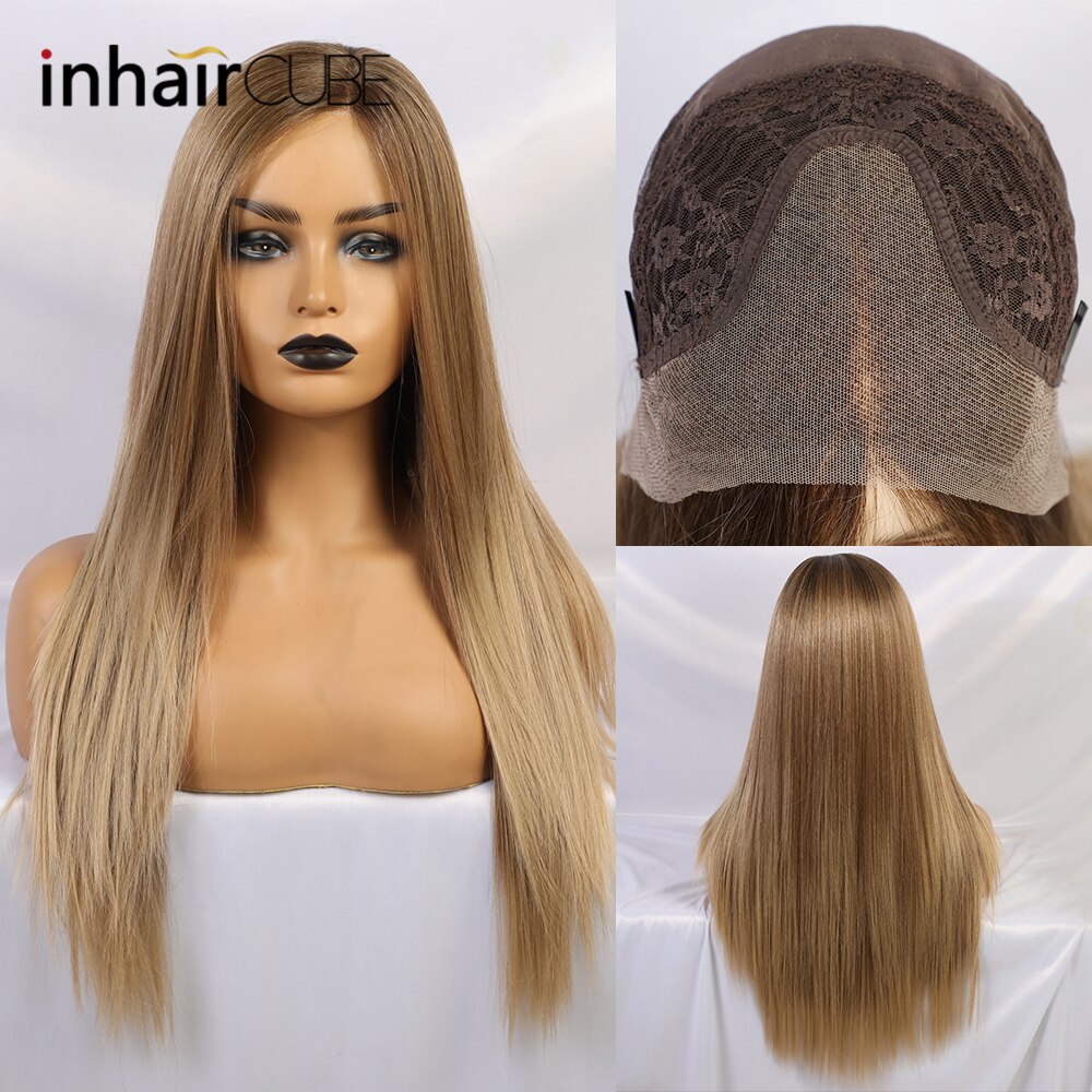 Pelucas de encaje frontal sintético Inhaircube con reflejos de 20 pulgadas, pelo liso Natural largo marrón para mujeres afroamericanas: bl66006