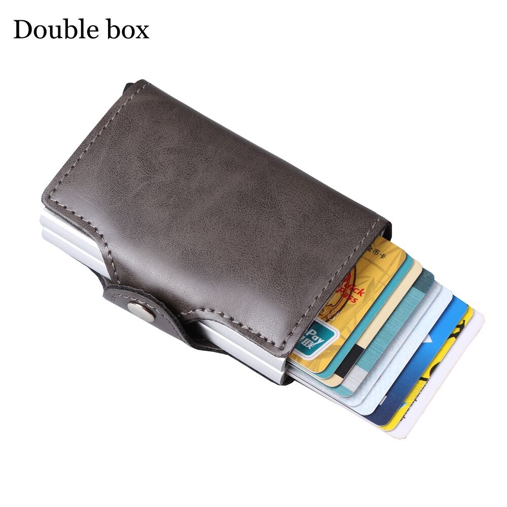 Women Rfid Wallet Metal Case Aluminum Double Box Leather Credit Card Holders for Men Slim Anti Protect Travel ID Cardholder: Double gray