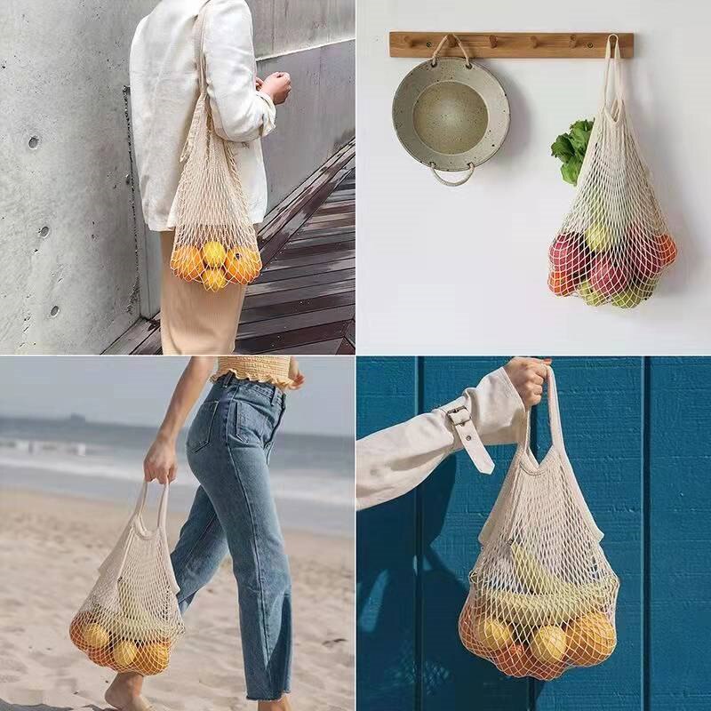 Tragbare Lebensmittel Taschen für Obst Gemüse Tasche Waschbar Baumwolle Gittergewebe Schnur Organische Organizer Wiederverwendbare Handtasche Tuch Einkaufstasche